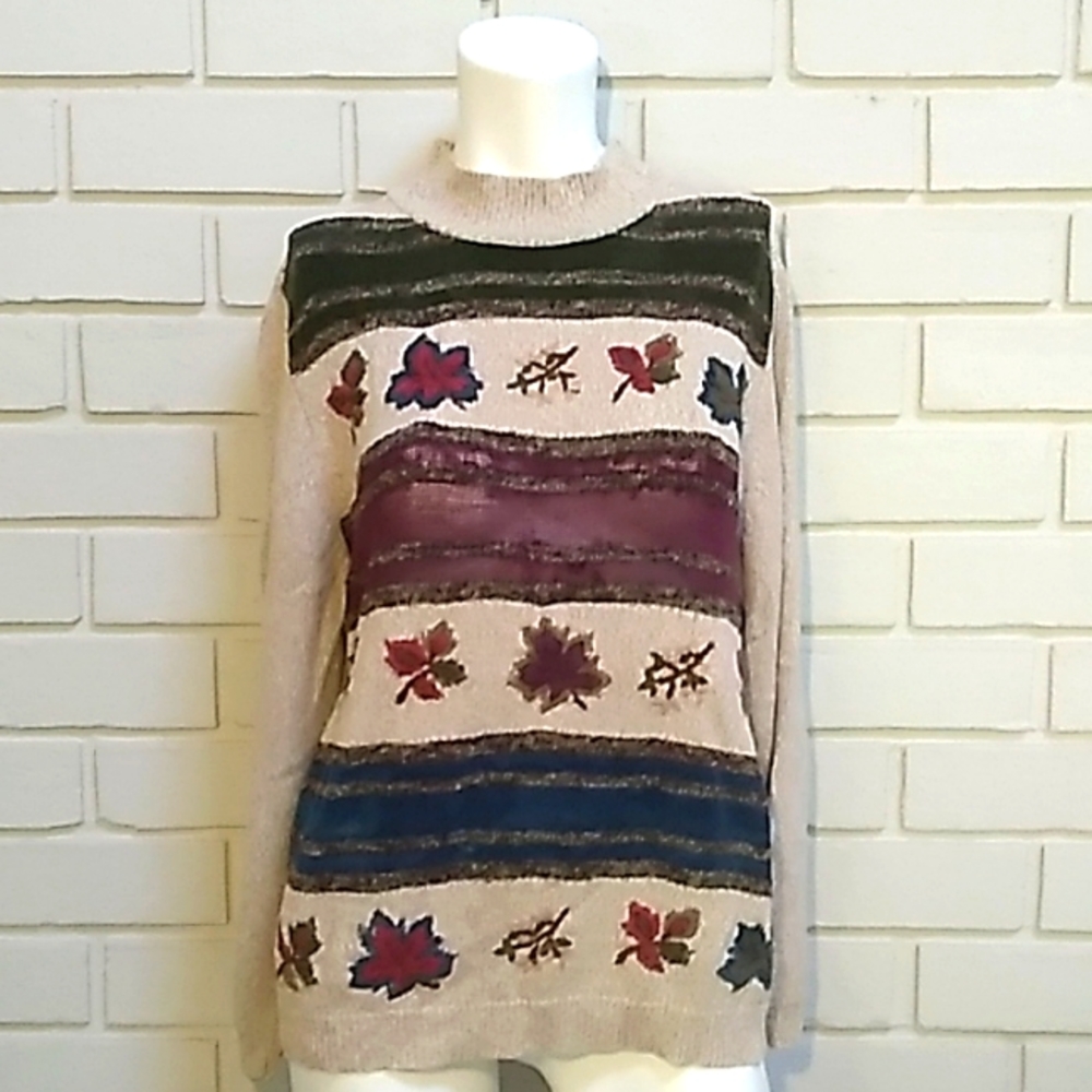 Alfred Dunner Fall Embroidered Tan Sweater. Size Large.